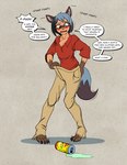 anthro black_hair blue_hair blush bottomwear brown_body brown_bottomwear brown_clothing brown_eyes brown_fur brown_pants clothing dialogue fangs female fur fur_tuft gender_transformation hair hand_on_butt mid_transformation mtf_transformation multicolored_hair open_mouth oversized_bottomwear oversized_clothing oversized_pants pants red_clothing red_shirt red_topwear shirt simple_background solo tanuki_tail teeth topwear transformation tuft two_tone_hair tf-sential brand_new_animal studio_trigger michiru_kagemori canid canine mammal raccoon_dog tanuki hi_res