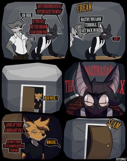 6_panel_comic :< accessory angry anthro belt big_ears biped black_belt black_body black_bottomwear black_clothing black_eyebrows black_fur black_hair black_markings black_nose black_pants black_shirt black_topwear bottomwear brown_body brown_bottomwear brown_clothing brown_ear_tips brown_fur brown_nose brown_pants buckle bulging_eyes button_(fastener) ceiling close-up closing_door clothing collared_shirt detailed_background dialogue dipstick_ears door door_slam ear_markings ear_piercing ellipsis eye_bags eye_contact eye_through_hair eyebrow_through_hair eyebrows eyelashes eyelashes_through_hair eyewear fangs five_o'clock_shadow formal_wear fur furniture glasses gloves_(marking) gold_(metal) gold_accessory gold_glasses gold_piercing gold_watch grey_body grey_bottomwear grey_clothing grey_fur grey_hair grey_inner_ear_fluff grey_pants group hair hallway hand_on_table hands_on_waist head_tilt head_tuft humor hunched_over inner_ear_fluff inside interjection italic_text jealous looking_at_another male markings mole_(marking) multicolored_body multicolored_ears multicolored_fur narrowed_eyes necktie onomatopoeia open_mouth opening_door orange_body orange_fur orange_hair orange_text pants piercing pink_eyes pink_inner_ear pink_sclera pupils question_mark raised_eyebrow red_text shirt slit_pupils snout sound_effects speech_bubble squint stubble suit suit_jacket table teeth text tired topwear translucent translucent_hair trio tuft two_tone_body two_tone_fur vignette wall_(structure) wearing_glasses white_body white_clothing white_eyes white_fur white_inner_ear_fluff white_markings white_necktie white_sclera white_shirt white_suit white_suit_jacket white_text white_topwear wood wood_door suitedwolfie balthy_(suitedwolfie) cain_(suitedwolfie) k_(suitedwolfie) bat canid canine canis fox mammal northwestern_wolf red_fox true_fox wingless_bat wolf 2026 artist_name comic digital_drawing_(artwork) digital_media_(artwork) english_text hi_res shaded watermark