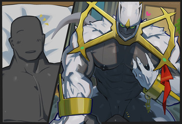 abs animal_genitalia anthro anthro_on_top barazoku bed big_muscles big_pecs blush duo furniture genital_slit genitals hand_on_pecs hands_on_own_pecs heart_symbol jewelry lying lying_on_bed male male/male male_on_bottom male_on_top muscular muscular_anthro muscular_male nipples on_back on_bed on_bottom on_top pecs sitting sitting_on_another tail waking_up deadbeat_incubus nintendo pokemon anon arceus deity generation_4_pokemon human legendary_pokemon mammal pokemon_(species) 2025 digital_drawing_(artwork) digital_media_(artwork) hi_res