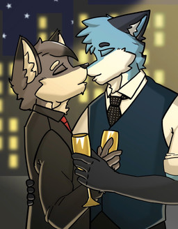 alcohol beverage champagne city clothing duo eyewear fur glasses grey_body grey_fur kissing male male/male multicolored_body multicolored_fur necktie night sky star starry_sky suit tan_body tan_fur topwear vest akat/starfox hieurover canid canine canis domestic_dog mammal wolf hi_res