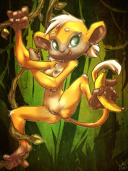 anthro anus banana breasts dangling ear_piercing feet female food fruit fur green_eyes hair hindpaw looking_at_viewer nipples nude outside paws piercing plant ponytail prehensile_feet short_hair solo tail toes tongue tongue_out tree vines atryl haplorhine mammal monkey primate 2013 digital_media_(artwork) hi_res