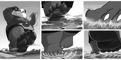 5_toes anthro black_pawpads city city_destruction clothing destruction feet foot_focus humanoid_feet landscape macro male micro overweight overweight_anthro overweight_male pawpads paws plantigrade solo toes dj-rodney lifewonders tokyo_afterschool_summoners alp_(tas) bear giant_panda mammal ursine hi_res monochrome