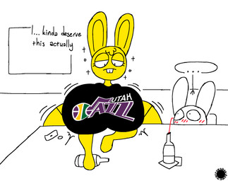 ambiguous_gender anthro bar_emanata beer_bottle big_breasts blush blush_lines bottle breast_expansion breasts bubble buckteeth butt butt_expansion clothing container dialogue drunk drunk_bubble duo ellipsis emanata expansion eyelashes female flash_emanata fur head_tuft hip_expansion huge_breasts huge_hips hyper hyper_breasts hyper_hips logo shirt substance_intoxication teeth text thong_straps topwear tuft wide_hips yellow_body yellow_fur thatdawgmurray nba utah_jazz lagomorph leporid mammal rabbit aliasing artist_logo artist_name digital_media_(artwork) english_text hi_res signature