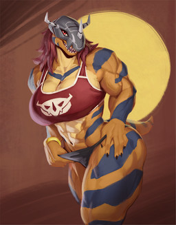 5_fingers abs anthro big_breasts bra bracelet breasts cleavage clothed clothing female fingers grey_body hair jewelry long_hair multicolored_body muscular muscular_anthro muscular_female non-mammal_breasts open_mouth orange_body panties red_eyes sharp_teeth solo sports_bra standing tan_body teeth tongue underwear mainlinemojo bandai_namco digimon mesa_(mainlinemojo) digimon_(species) metalgreymon absurd_res hi_res portrait three-quarter_portrait