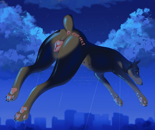 anatomically_correct animal_genitalia animal_vulva anus balloon black_and_tan black_body black_fur brown_body brown_fur canine_genitalia canine_vulva city cityscape cloud cropped_ears docked_tail female feral float fur genitals glistening glistening_body inflatable jumping looking_back night parade_balloon pawpads pink_anus pink_pawpads pink_vulva red_eyes running short_tail solo sparkly star string tail vulva white_clera conditional_dnp lynxbrush dobie kara_(reinhardt) canid canine canis dobermann domestic_dog mammal pinscher hi_res