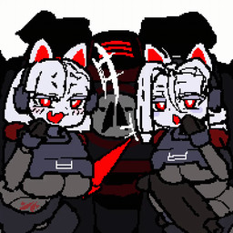 alternate_species ambiguous_gender anthro armor bangs belly_tattoo big_breasts blade_arm bladed_weapon breasts cybernetics duo_focus electronics female flesh_fang fur furrification giant_robot group gun hair hand_on_face headphones holding_gun holding_object holding_ranged_weapon holding_weapon insignia laugh laughing_at_viewer looking_at_viewer machine open_mouth pupils ranged_weapon red_eyes red_inner_ear short_hair tattoo trio under_boob vehicle vox_engine weapon white_body white_fur white_hair white_pupils macanick helldivers commissar_(helldivers) fan_character trooper_(helldivers) automaton cyborg domestic_cat felid feline felis mammal robot robot_anthro 1:1 2026 animated digital_media_(artwork) loop pixel_(artwork) pixel_animation