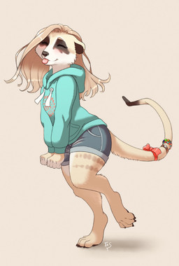 4_toes 5_fingers accessory anthro barefoot black_nose black_pawpads blonde_hair blue_clothing blue_hoodie blue_topwear blush bottomwear bow_(feature) bow_accessory bow_ribbon breasts claws clothing digitigrade dipstick_tail eyes_closed facial_markings feet female fingers fur furgonomics grey_background hair head_markings hoodie jewelry long_hair markings mask_(marking) multicolored_tail pawpads print_clothing print_hoodie print_topwear raised_leg ribbons ring shorts simple_background solo tail tail_accessory tail_bow tail_jewelry tail_markings tail_ribbon tail_ring thick_thighs toes tongue tongue_out topwear yellow_body yellow_fur noviraine maya_(tasanko) herpestid mammal meerkat 2020 digital_media_(artwork) signature