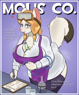 5_fingers accessory anthro apron beaker between_breasts big_breasts blonde_hair blue_eyes blush blush_lines bodily_fluids border breast_squish breasts cleavage_cutout clipboard clothing coat curvy_figure cute_fangs cutout dipstick_tail dress eyebrow_through_hair eyebrows eyelashes eyelashes_through_hair eyewear fangs female fingers furgonomics glistening glistening_body glistening_breasts glowing goggles gradient_background hair hat headgear headwear heart_eyes heart_symbol hearts_around_head holding_object hose huge_breasts huge_thighs lab_coat laboratory_equipment laboratory_glassware leaning leaning_forward leggings legwear looking_at_viewer markings multicolored_clothing musk open_mouth panties pen pink_nose purple_background raised_tail scientific_instrument simple_background smile solo squish sweat sweaty_breasts tail tail_markings teeth test_tube text thick_thighs thigh_highs topwear translucent translucent_hair two_tone_clothing underwear voluptuous white_body white_border wide_hips johnmarten loss tail_saga caroline_(tail_saga) mammal mustelid musteline stoat true_musteline weasel 5:6 absurd_res cel_shading cover english_text hi_res magazine_cover meme portrait shaded three-quarter_portrait