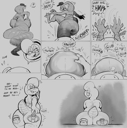 anthro butt death digestion digestion_noises duo eyewear fatal_vore forced glasses male male/male nude sitting tail text vore vore_pov vore_tattoo wearing_glasses wearing_hat stalvelle disk_(daftpatriot) octii stahl_(stalvelle) amphibian cobra reptile salamander scalie snake absurd_res comic english_text greyscale hi_res monochrome