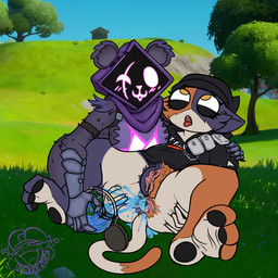 5_fingers anal_hair anthro anus armor beanie black_clothing black_hoodie black_topwear bodily_fluids bottomless bottomless_female brown_body brown_fur butt calico_pattern clothed clothing ear_scar feet female female/female fingers flowberry_fizz french_kissing fur gauntlets genital_fluids genitals gloves handwear hat headgear headwear hoodie kissing orange_eyes outdoor_nudity outside pink_eyes presenting presenting_anus presenting_hindquarters presenting_vulva pubes purple_body purple_fur scar shield_potion soles spread_butt spread_legs spread_vulva spreading tail toes tongue tongue_out topwear vulva nexxiethejester epic_games fortnite meow_skulls raven_team_leader bear calico_cat domestic_cat felid feline felis mammal 1:1 absurd_res hi_res