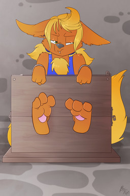 ambiguous_gender anthro anthrofied biped black_nose blonde_hair blue_clothing blue_overalls bound cheek_tuft chest_tuft clothed clothing cute_fangs facial_tuft fangs feet fluffy fluffy_tail foot_focus front_view fur hair looking_aside overalls pawpads paws plantigrade red_body red_fur restraints soles solo stocks tail teeth toes tuft young young_ambiguous young_anthro fuf nintendo pokemon eeveelution flareon generation_1_pokemon pokemon_(species) 2019 2:3 hi_res