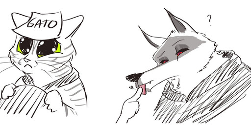 anthro big_eyes blep cheek_tuft confusion duo facial_markings facial_tuft fluffy frown fuzzy green_eyes head_markings heart_symbol holding_object humor male markings mask_(marking) parody poking post-it_note question_mark red_eyes striped_body striped_markings stripes text tongue tongue_out tuft whiskers ultimatellurker dreamworks puss_in_boots_(franchise) anon anonymous death_(puss_in_boots) puss_in_boots_(dreamworks) canid canine canis domestic_cat felid feline felis mackerel_tabby mammal tabby_cat wolf meme redraw spanish_text