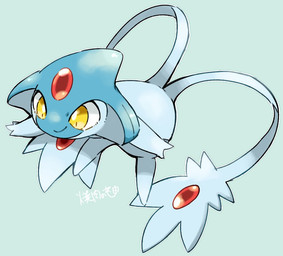 2_tails ambiguous_gender blue_body feral forehead_gem gem multi_tail red_gem simple_background smile solo tail white_sclera yellow_eyes yakiniku628 nintendo pokemon azelf generation_4_pokemon legendary_pokemon pokemon_(species)