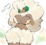 2023 absurd_res anthro big_breasts breasts cotton english_text female fur generation_5_pokemon heart_symbol hi_res humanoid navel nintendo pokemon pokemon_(species) simple_background solo text thick_thighs togetoge whimsicott wide_hips wool_(fur) yellow_eyes