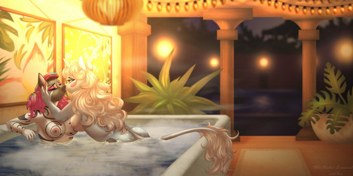 anthro areola bath bathtub big_breasts blush breasts butt detailed_background duo eyes_closed female female/female hand_on_face horn inside kissing lidded_eyes mud_mask nipples nude partially_submerged rear_view side_boob spa tail tail_tuft tuft water wide_hips blueomlette hasbro my_little_pony mythology fan_character equid equine mammal mythological_creature mythological_equine unicorn zebra
