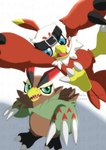 anthro beak blue_eyes brown_body brown_feathers claws duo feathers feet green_eyes male smile talons toes wings mofumi_corvus bandai_namco digimon digimon_(species) falcomon hawkmon absurd_res hi_res