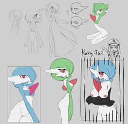 anthro arm_under_breasts blue_pseudo_hair blush breasts duo featureless_crotch female green_pseudo_hair grey_background humanoid_pointy_ears looking_at_viewer medium_breasts open_mouth pointy_ears pseudo_hair question_mark red_eyes side_view simple_background small_breasts smile layruwu nintendo pokemon fan_character gardevoir generation_3_pokemon generation_6_pokemon human mammal mega_evolution mega_gardevoir pokemon_(species) shiny_pokemon hi_res model_sheet sketch