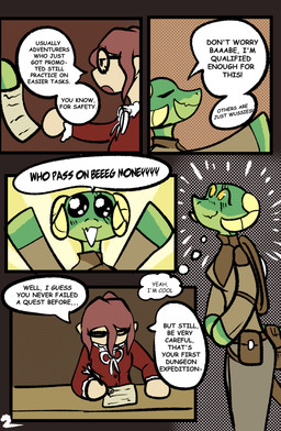 anthro dialogue eyewear female glasses green_body horn speech_bubble wearing_glasses writing_on_paper yellow_eyes brradett microsoft the_elder_scrolls lernie_(brradett) argonian human humanoid mammal scalie absurd_res comic hi_res