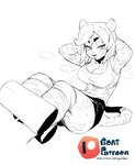 anthro bodily_fluids breasts cleavage clothed clothing exercise female fur sit-up solo striped_body striped_fur stripes sweat text goatdraw felid mammal pantherine tiger 2021 absurd_res hi_res monochrome url