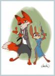 anthro beta_design blue_border blue_eyes border brown_body brown_fur clothed clothing dress duo female fully_clothed fur green_eyes gun handgun male orange_body orange_fur ranged_weapon smile tranquilizer weapon byron_howard disney zootopia beta_judy_hopps judy_hopps nick_wilde canid canine fox lagomorph leporid mammal rabbit red_fox true_fox 2016 concept_art hi_res