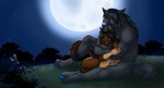 anthro black_body black_fur black_hair blue_nose blue_pawpads brown_body brown_fur claws cuddling digitigrade duo eyes_closed female full_moon fur gloves_(marking) grass green_eyes hair hand_on_arm hand_on_leg hand_on_thigh hug light male male/female markings moon moonlight muscular muscular_anthro muscular_male night nude outside pawpads plant romantic romantic_couple serene shrub sitting sky smile star tail tail_around_leg tail_around_partner toe_claws gaikotsu mythology canid canine canis domestic_cat felid feline felis mammal mythological_canine mythological_creature were werecanid werecanine werewolf wolf 2023 hi_res signature