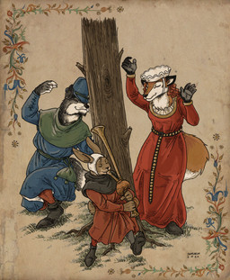 anthro brown_hair clothing dancing dress female group hair hat headgear headwear male medieval musical_instrument plant playing_music shirt topwear tree trio tunic shabazik canid canine canis fox hare lagomorph leporid mammal red_fox true_fox wolf 2021 hi_res signature