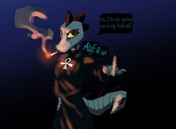 anthro cigarette clothed clothing dialogue dress eyelashes eyeshadow female gesture hand_gesture makeup middle_finger mouth_closed profanity simple_background smoke smoking smoking_cigarette solo speech_bubble symbol tail text adler701 night_in_the_woods bea_santello crocodilian humanoid reptile scalie english_text signature