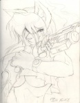 anthro breasts clock dagger female gun knife looking_at_viewer melee_weapon ranged_weapon smoke solo spiked_knuckles under_boob watch weapon beowulf jensca canid canine mammal black_and_white monochrome sketch