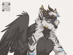 2023 anthro black_body black_fur blue_eyes canid digital_media_(artwork) feathered_wings feathers fur horn hybrid koul male mammal qr_code simple_background solo white_background wings