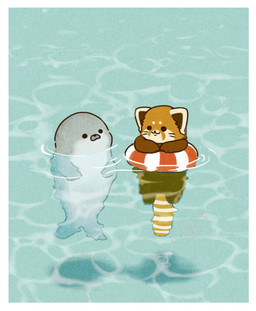 biped black_eyes brown_body chibi dot_eyes duo feral kemono simple_eyes smile water shi_nominmin ailurid aquatic mammal pinniped red_panda seal 2024 full-length_portrait hi_res portrait