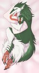 2023 4_toes absurd_res claws digital_media_(artwork) eyes_closed ezcett feet fur green_body green_fur hi_res hindpaw jericho_(belmont01) open_mouth pawpads paws sergal sleeping tail teeth toe_claws toes tongue white_body white_fur