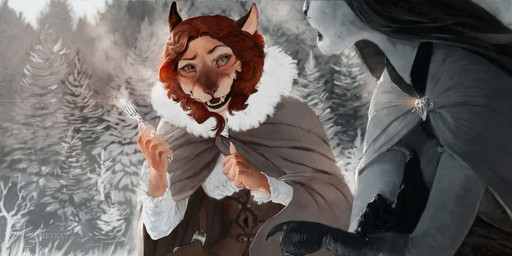 anthro clothed clothing cutlery duo fangs female forest fork fur hair kitchen_utensils open_mouth outside plant smile snow teeth tools tree reykat felid mammal