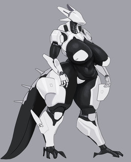 4_fingers anthro armor belly big_breasts big_tail black_body breasts curvy_figure digitigrade eyeless faceless female fingers glistening glistening_body grey_background huge_breasts machine mouthless navel nipples non-mammal_breasts non-mammal_navel non-mammal_nipples simple_background solo tail thick_thighs voluptuous voluptuous_anthro voluptuous_female white_armor white_body wide_hips gyrbdark sally-7_(gyrbdark) reptile robot robot_anthro scalie 2026 absurd_res colored_sketch digital_drawing_(artwork) digital_media_(artwork) full-length_portrait hi_res portrait sketch