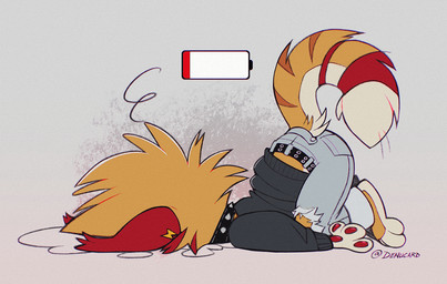 ambiguous_gender anthro ass_up black_clothing black_shirt black_topwear bottomwear clothing collar denim denim_bottomwear denim_clothing fur jeans long_sleeves low_battery lying markings on_front orange_body orange_fur pants pawpads red_markings red_pawpads shirt side_view simple_background solo spiked_collar spikes striped_markings striped_tail stripes tail tail_markings topwear torn_bottomwear torn_clothing torn_jeans torn_pants denucard felid feline felis mammal wildcat digital_drawing_(artwork) digital_media_(artwork) flat_colors meme nonbinary_(lore)