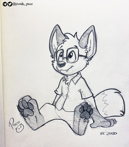 anthro bottomless cheek_tuft clothed clothing dipstick_tail eyewear facial_tuft fangs featureless_crotch front_view glasses gloves_(marking) head_tuft leg_markings logo looking_up male male_anthro markings mouth_closed pawpads simple_background sitting socks_(marking) solo tail tail_markings teeth topwear tuft young young_anthro young_male pandapaco canid canine mammal 2020 artist_logo dated monochrome signature