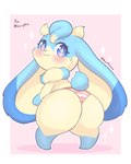 anthro big_butt blue_body blue_fur blush butt chibi clothing dewlap_(anatomy) female female_anthro feral floppy_ears fur kemono leoprid long_ears looking_at_viewer looking_back lop_ears solo thong underwear wide_hips yellow_body yellow_fur annmaren thedeirdre96 sofu_(pyritie) lagomorph leporid mammal rabbit absurd_res hi_res