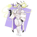 abs anthro antlers big_bulge big_muscles big_pecs biped black_sclera bottomwear bulge clothing detailed_bulge feet fur genital_outline hair hand_on_bulge horn huge_bulge huge_muscles humanoid_feet hyper hyper_bulge loincloth long_hair magic male male_anthro muscular muscular_anthro muscular_male navel nipples pecs penis_outline pink_nipples plantigrade purple_eyes robe solo standing white_body white_fur white_hair demondragoncyan dislyte lilith_games yu_ran_(dislyte) bovid caprine goat mammal 1:1 absurd_res hi_res