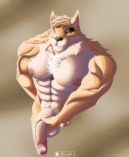 abs anthro balls barazoku biceps big_muscles big_penis chest_tuft fur genitals hair huge_penis humanoid_genitalia humanoid_penis male muscular muscular_anthro muscular_male nipples nude pecs penile penis simple_background smile solo tan_body tuft browncatfe otake canid canine canis mammal absurd_res digital_media_(artwork) hi_res
