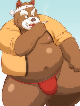 anthro asian_clothing belly blue_background brown_body brown_fur clothing east_asian_clothing fundoshi fur humanoid_hands japanese_clothing male moobs nipples overweight overweight_anthro overweight_male robe simple_background smoking solo underwear lako bear hybrid mammal suid suine sus_(pig) wild_boar 2015 3:4 hi_res