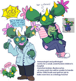 anthro clothing coat eyewear female flower goggles green_body horn lab_coat laboratory_equipment laboratory_glassware overalls overalls_only plant plushie scientific_instrument shirt solo t-shirt test_tube text topwear yellow_eyes objectfucker nintendo pokemon tobi_(objectfucker) generation_5_pokemon maractus pokemon_(species) english_text model_sheet trans_(lore) trans_woman_(lore)