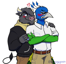 2_horns 5_fingers anthro anthro_on_anthro beak belt biped black_body black_clothing black_fur black_hair black_jacket black_topwear blue_body blue_feathers blush clothed clothing collared_shirt crossed_arms dress_shirt duo ear_piercing embarrassed feathers fingernails fingers flirting front_view fully_clothed fur gauge_piercing green_body green_feathers grin hair hair_over_eye hand_on_shoulder heart_symbol horn jacket long_pants looking_at_another male male/male nails piercing shirt shirt_pocket simple_background smile standing tail tail_feathers teeth topwear white_background white_clothing white_shirt white_topwear zipper lennysgaycousin european_mythology greek_mythology minotaur_hotel mythology p_(minotaur_hotel) storm_(minotaur_hotel) avian bird bovid bovine galliform mammal minotaur peafowl phasianid 2022 digital_drawing_(artwork) digital_media_(artwork) signature