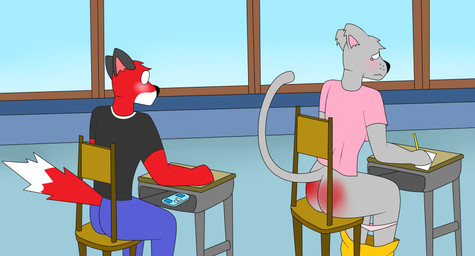 adolescent after_spanking anthro being_watched blush blush_lines bodily_fluids bottomwear bottomwear_down butt butt_slap chair classroom classroom_desk clock clothed clothing corporal_punishment duo embarrassed female furniture humiliation looking_at_another male on_chair panties panties_down partially_clothed pink_clothing pink_panties pink_shirt pink_topwear pink_underwear public public_humiliation punished punishment reddened_butt school shirt shorts shorts_down sitting sitting_on_chair slap spank_marks spank_marks_on_ass spanked_butt spanking tears topwear turned_on underwear underwear_down watch young maurispank judy_(maurispank) canid canine domestic_cat felid feline felis fox mammal absurd_res hi_res