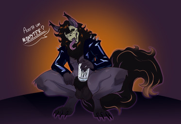 anthro balls big_balls bone bottomless clothed clothing crouching genitals hair jacket jacket_only long_hair long_tongue male offering_beverage pubes purple_body skull solo spread_legs spreading tongue topwear topwear_only nem0greed monster_energy faux_krah skulldog_(species) hi_res