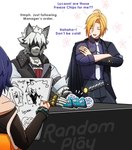 angry anthro blonde_hair female fujoshi fur group hair harness humanoid_pointy_ears humor leather leather_harness long_hair male pointy_ears text trio white_body white_fur dorahdew mihoyo zenless_zone_zero belle_(zenless_zone_zero) hugo_vlad von_lycaon canid canine canis human humanoid mammal wolf english_text hi_res