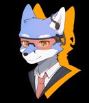 anthro blue_body blue_fur clothing earpiece fur male male_anthro necktie solo topwear vest visor white_body white_fur abitarou aethylwyne canid canine fox mammal absurd_res alpha_channel hi_res