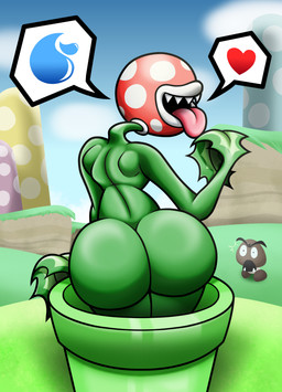 butt green_pipe male outside plant rear_view sharp_teeth solo teeth tongue tongue_out demoniccat1 mario_bros nintendo elemental_creature flora_fauna goomba piranha_plant absurd_res hi_res