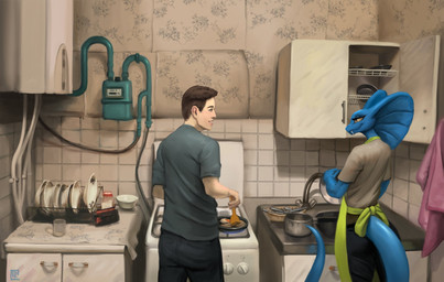 anthro appliance apron blue_body blue_scales cabinet clothed clothing cooking cookware detailed_background duo eye_contact fangs female fingers frying_pan kitchen kitchen_utensils looking_at_another male rear_view romantic romantic_couple scales smile stove teeth tile tile_wall tools wall_(structure) washing_dishes ethrk mewa human mammal reptile scalie snake 2021 digital_media_(artwork) digital_painting_(artwork) hi_res painting_(artwork)