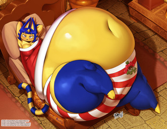 anthro armwear bed belly belly_expansion big_belly big_vulva black_mouth blue_armwear blue_clothing blue_ears blue_eyes blue_hair blue_legwear blue_tail bottomwear breasts camel_toe clothing dress expansion female festive_clothing furniture genitals hair hand_behind_head holidays huge_belly huge_thighs hyper hyper_belly hyper_genitalia hyper_inflation hyper_pear hyper_thighs hyper_vulva inflation inside legwear looking_at_viewer lying markings mistletoe navel on_back on_bed open_mouth panties pattern_bottomwear pattern_clothing pattern_panties pattern_underwear pink_tongue plant red_clothing red_dress red_panties red_underwear santa_dress solo striped_markings striped_tail stripes tail tail_markings text thick_thighs tight_clothing tongue underwear vulva white_clothing white_panties white_underwear yellow_body yellow_inner_ear yellow_tail milkybody animal_crossing christmas nintendo ankha_(animal_crossing) domestic_cat felid feline felis mammal 2025 absurd_res colored digital_media_(artwork) hi_res shaded signature url