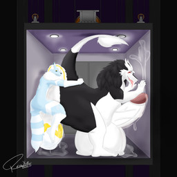 balls big_balls big_butt big_penis black_body black_fur blue_body blue_fur bodily_fluids butt cum cum_inflation cum_inside duo elevator femboy fur genital_fluids genitals horn huge_balls huge_penis humanoid_genitalia humanoid_penis hyper hyper_balls hyper_genitalia hyper_penis inflation knot male male/male penis size_difference small_dom_big_sub tail white_body white_fur reisuke_wolfox_(artist) reisuke_wolfox canid canine canis fox hybrid mammal sergal wolf 1:1 absurd_res hi_res
