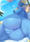 anthro beach biped blue_pussy blue_tail bodily_fluids breasts butt detailed_background fat_mons female fingers food genitals heart_symbol lying nude on_side plump_labia pokemorph popsicle pussy solo sweat tail white_body yellow_body exv508 nintendo pokemon eeveelution generation_1_pokemon pokemon_(species) vaporeon hi_res